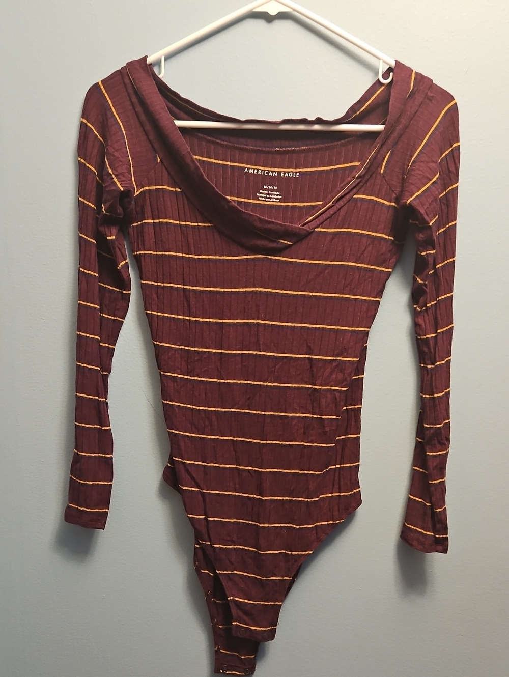 American Eagle Outfitters Burgundy Bodysuit with Gold Stripes